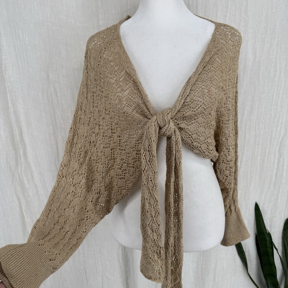 Vtg Y2K Crochet Tie Front Cardigan Shrug S Boho Fairy Grunge Open Knit Cropped